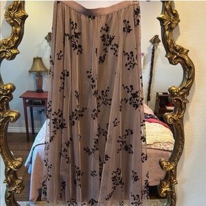 NWT Women's Sheer Floral Maxi Skirt - mauve with Black Velvet Detail medium